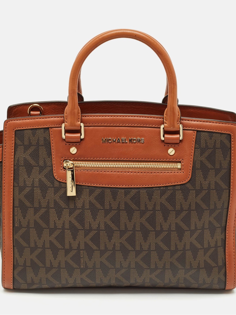 Michael Kors Brown Monogram Tote with Tan Leather Trim